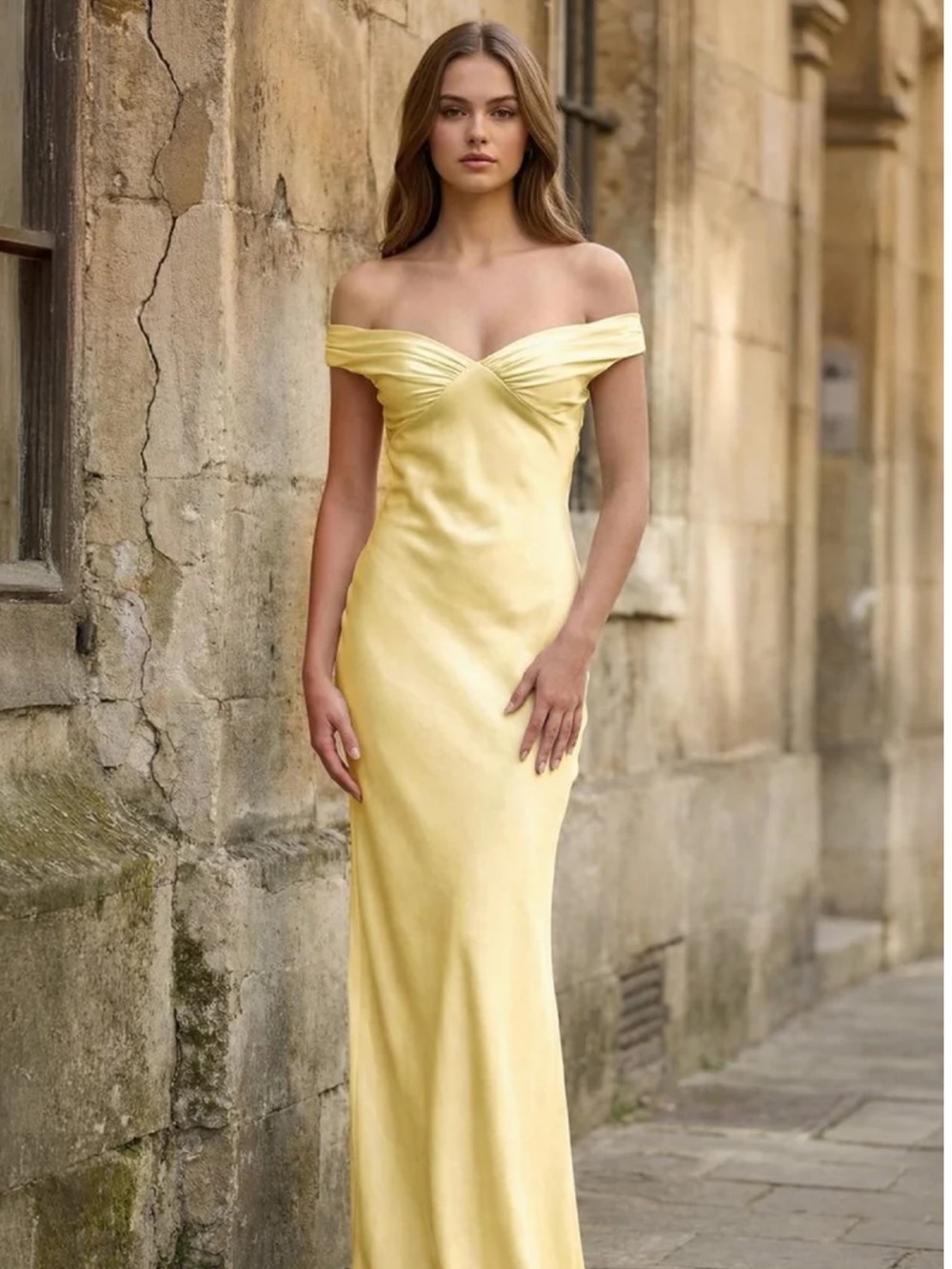 Off-Shoulder Satin Evening Dress in Pale Yellow